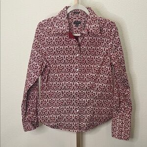 Talbots women’s button down blouse Maroon White scroll print 10